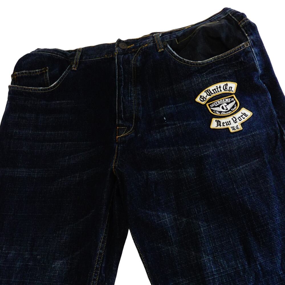 G Unit Denium Company  Y2K Hip Hop Street Blue Jeans Patched Destressed 38 x 32